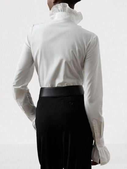 White Cotton Ruffled High-Neck Shirt - Tops