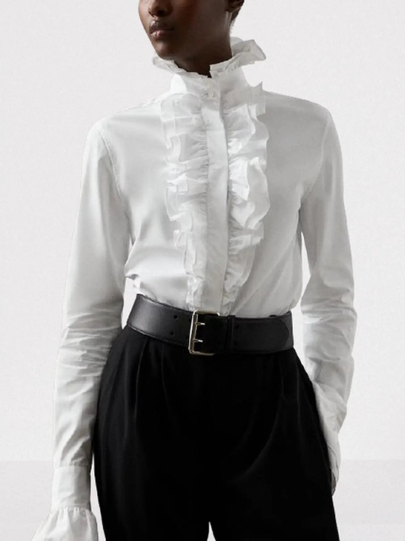 White Cotton Ruffled High-Neck Shirt - Tops