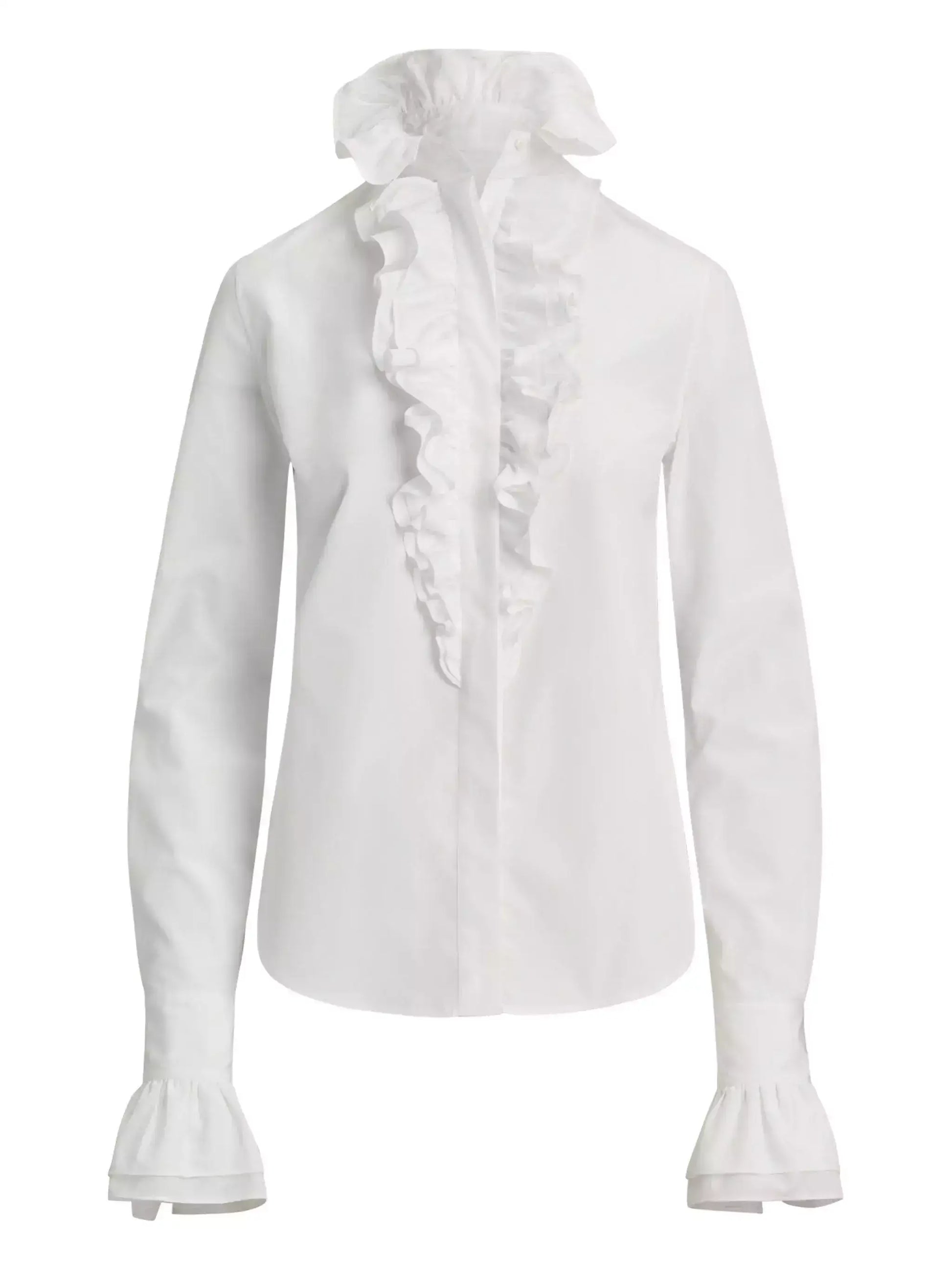 White Cotton Ruffled High-Neck Shirt - Tops