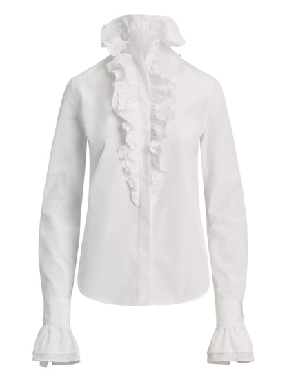 White Cotton Ruffled High-Neck Shirt - Tops