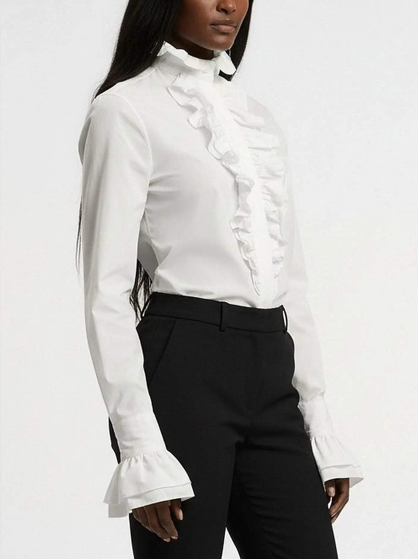 White Cotton Ruffled High-Neck Shirt - Tops