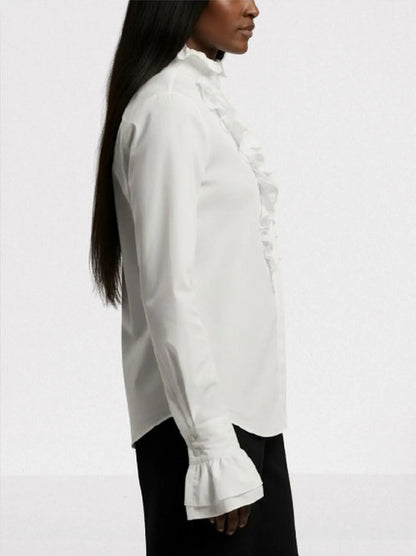 White Cotton Ruffled High-Neck Shirt - Tops