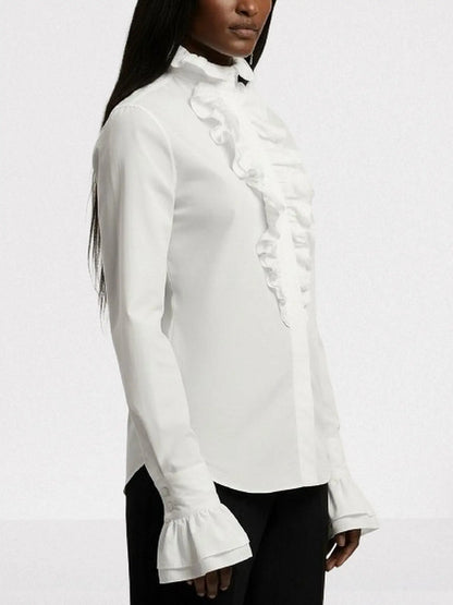 White Cotton Ruffled High-Neck Shirt - Tops