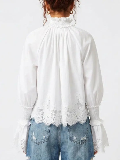 White Cotton Tie Neck Blouse with Shirred Cuffs - Tops
