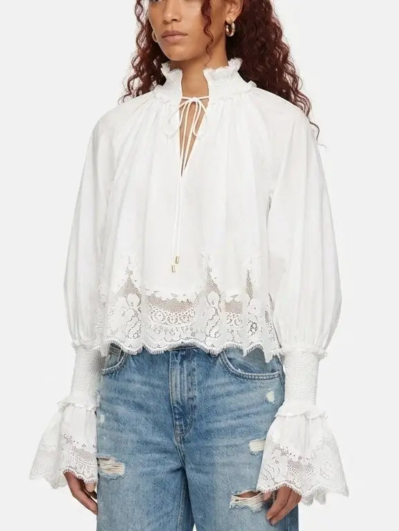 White Cotton Tie Neck Blouse with Shirred Cuffs - Tops