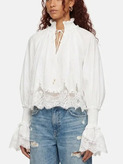 White Cotton Tie Neck Blouse with Shirred Cuffs - Tops