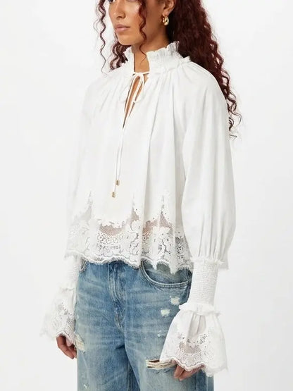 White Cotton Tie Neck Blouse with Shirred Cuffs - Tops