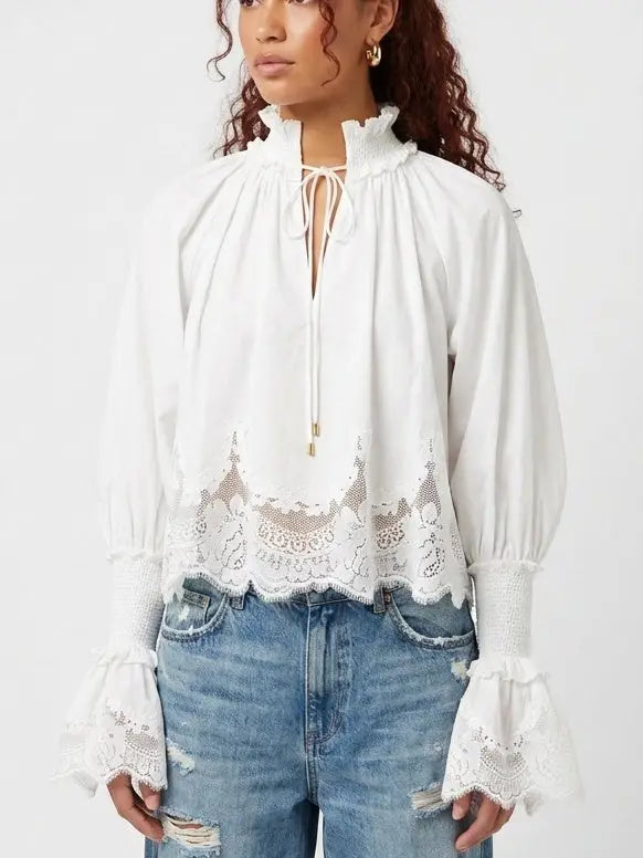 White Cotton Tie Neck Blouse with Shirred Cuffs - Tops