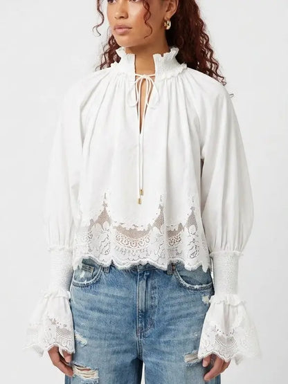 White Cotton Tie Neck Blouse with Shirred Cuffs - Tops