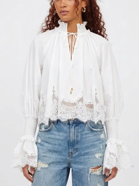 White Cotton Tie Neck Blouse with Shirred Cuffs - Tops