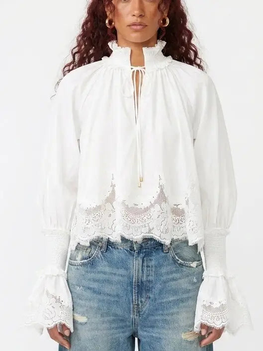 White Cotton Tie Neck Blouse with Shirred Cuffs - Tops