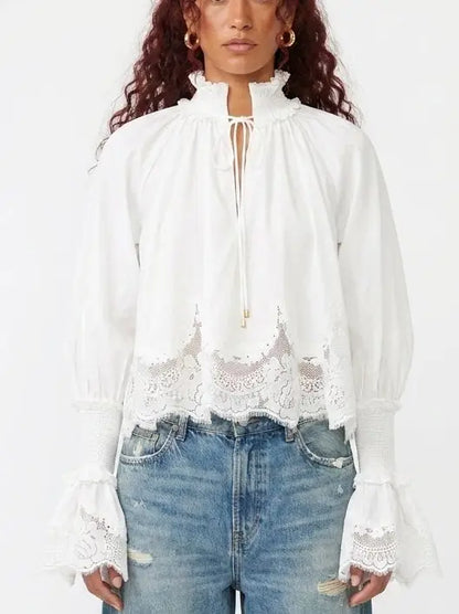 White Cotton Tie Neck Blouse with Shirred Cuffs - Tops
