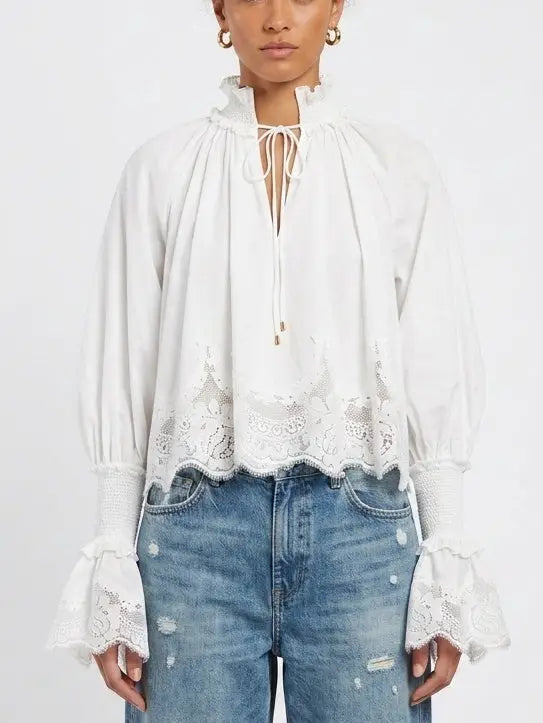 White Cotton Tie Neck Blouse with Shirred Cuffs - Tops