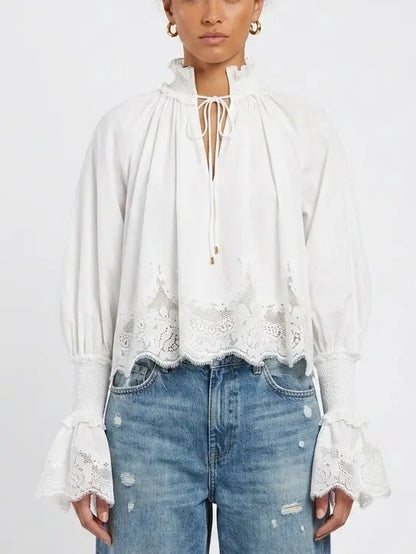 White Cotton Tie Neck Blouse with Shirred Cuffs - Tops