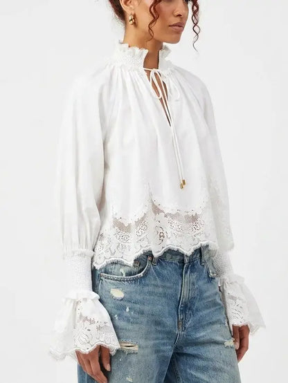 White Cotton Tie Neck Blouse with Shirred Cuffs - Tops