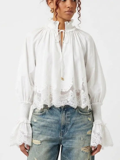 White Cotton Tie Neck Blouse with Shirred Cuffs - Tops