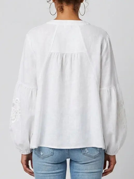 White Cutwork Embroidered Tassel Tie Blouse - Tops