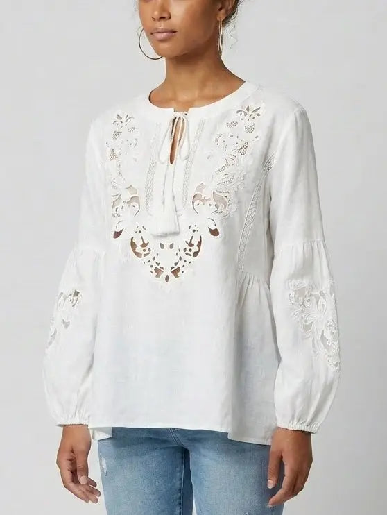 White Cutwork Embroidered Tassel Tie Blouse - Tops