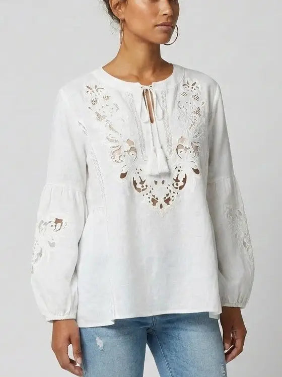 White Cutwork Embroidered Tassel Tie Blouse - Tops