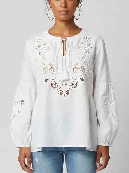 White Cutwork Embroidered Tassel Tie Blouse - Tops