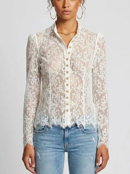 White Floral Lace Sheer Blouse - Tops