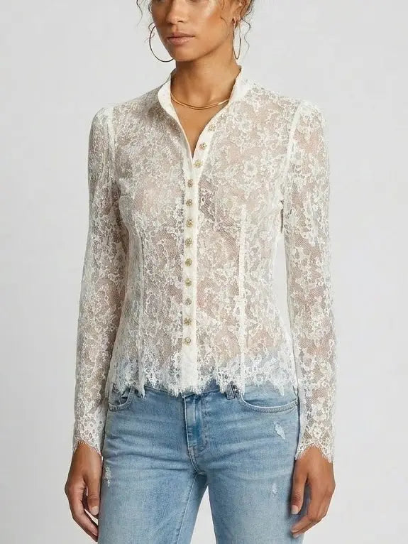 White Floral Lace Sheer Blouse - Tops