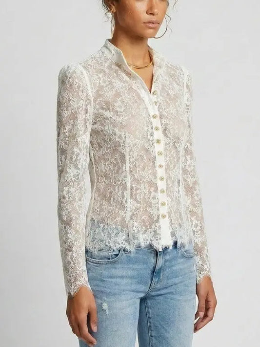 White Floral Lace Sheer Blouse - Tops