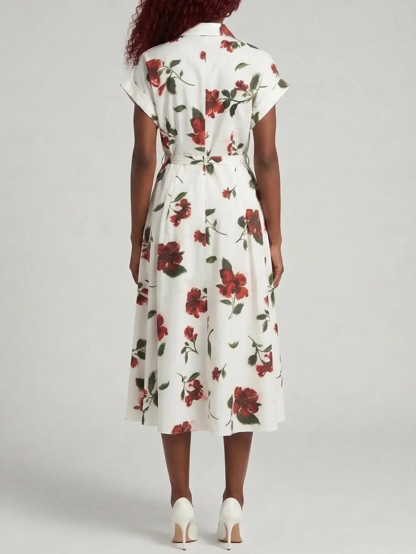 White Floral Print Belted Midi Shirt Dress - Dresses