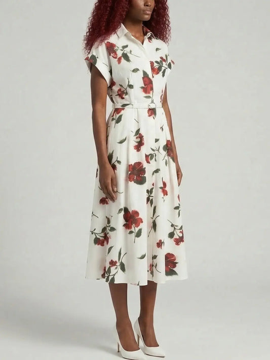 White Floral Print Belted Midi Shirt Dress - Dresses