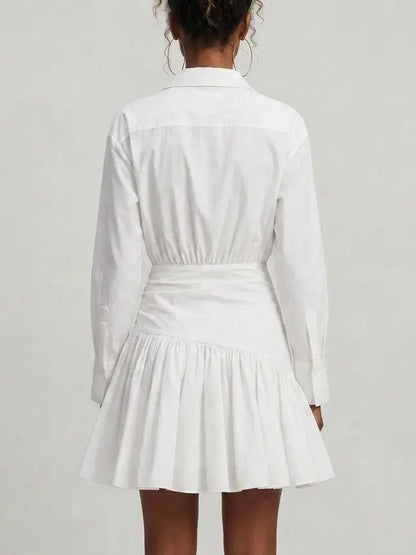 White Gathered Cotton Poplin Shirt Dress - Dresses