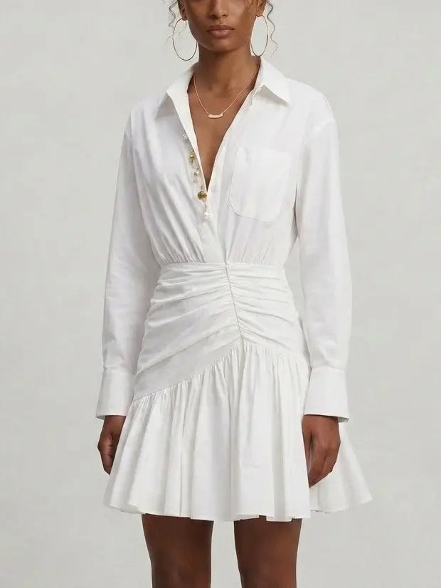 White Gathered Cotton Poplin Shirt Dress - Dresses