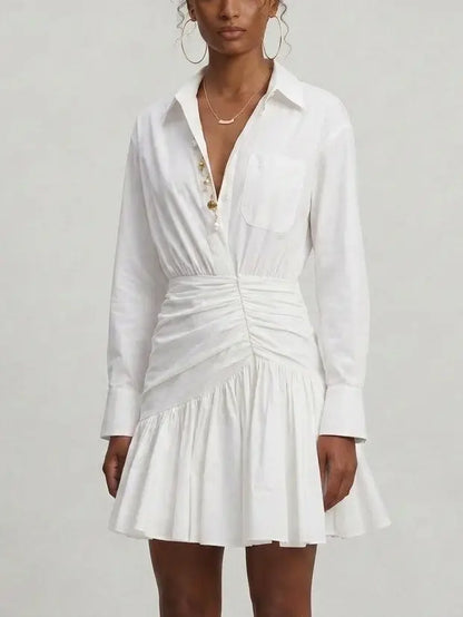 White Gathered Cotton Poplin Shirt Dress - Dresses