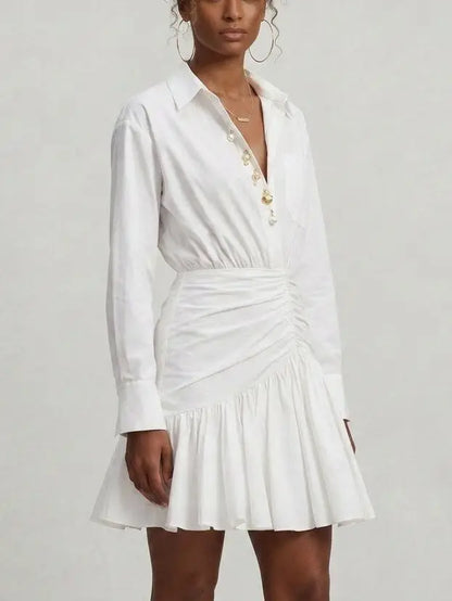 White Gathered Cotton Poplin Shirt Dress - Dresses