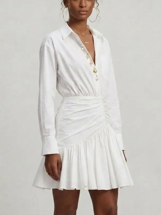 White Gathered Cotton Poplin Shirt Dress - Dresses