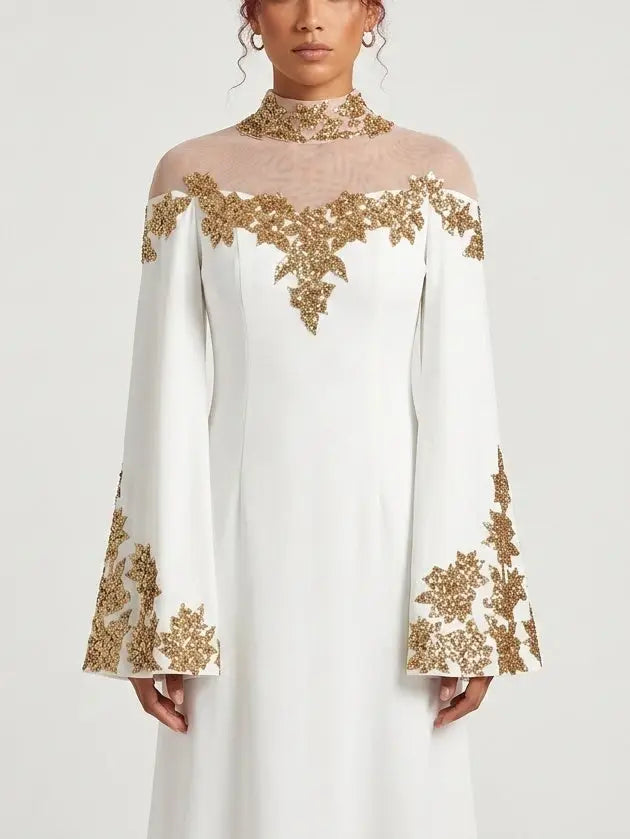 White Gold Sequin Embroidered Mesh Yoke Maxi Gown - Dresses