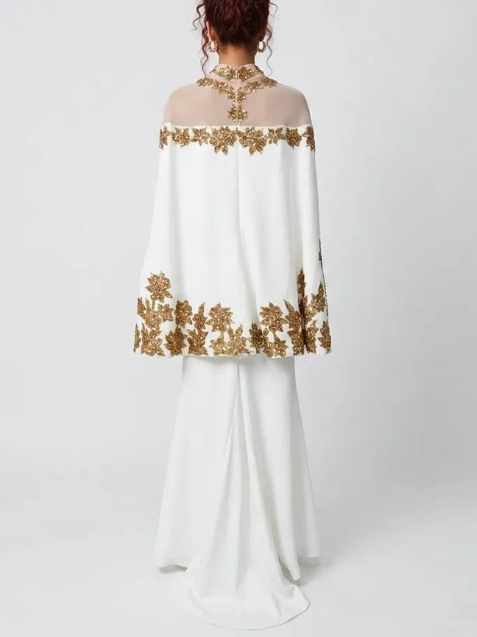 White Gold Sequin Embroidered Mesh Yoke Maxi Gown - Dresses