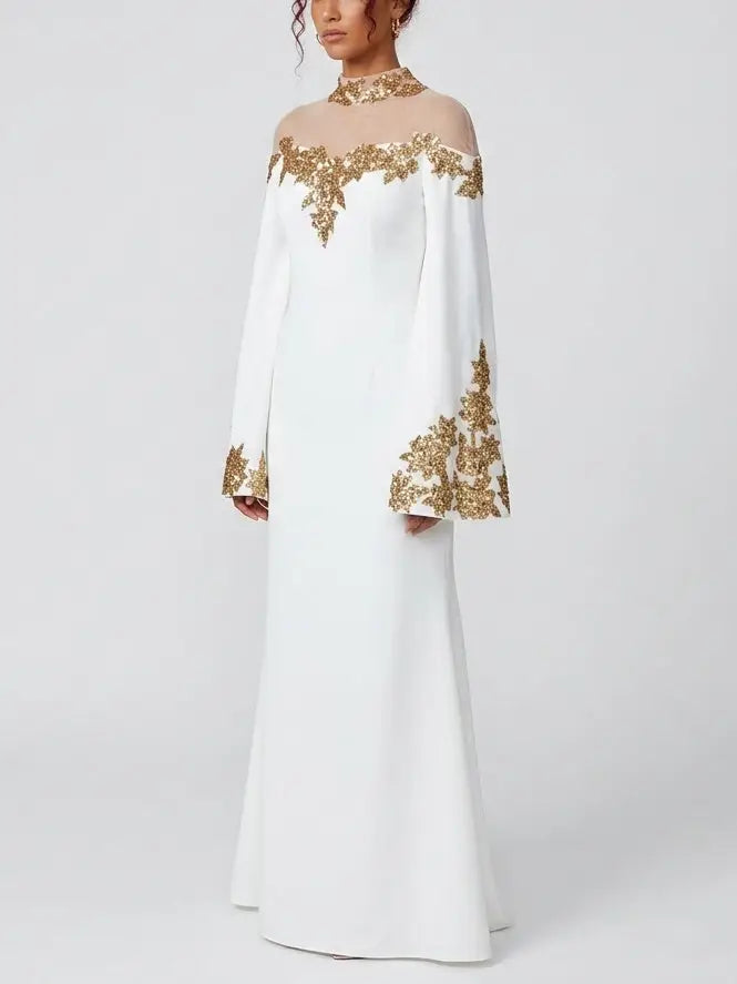 White Gold Sequin Embroidered Mesh Yoke Maxi Gown - Dresses