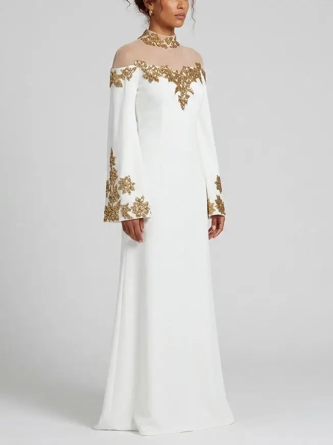 White Gold Sequin Embroidered Mesh Yoke Maxi Gown - Dresses