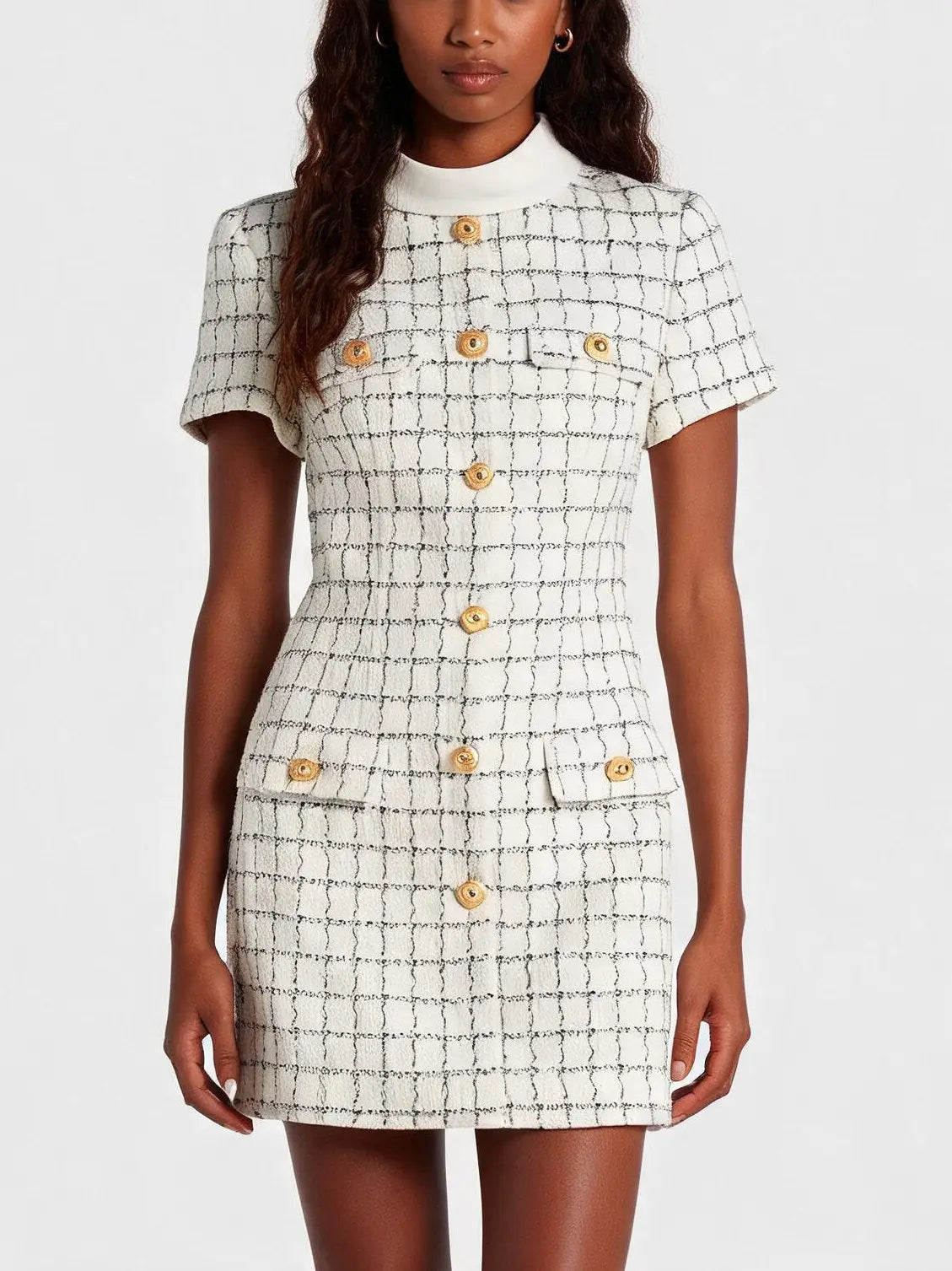 Wool-Blend Embellished-Pocket Tweed Mini Dress - Dresses