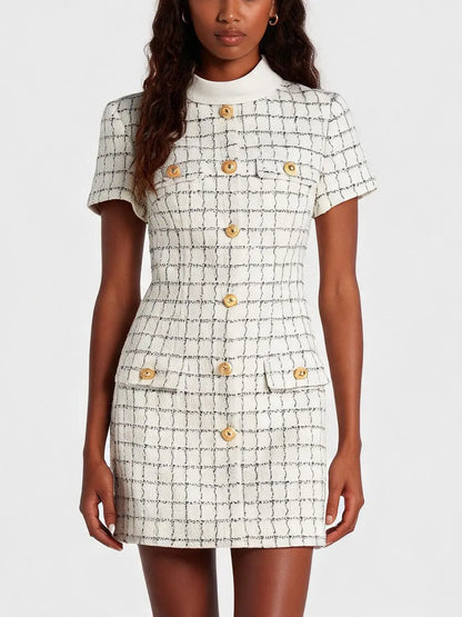 Wool-Blend Embellished-Pocket Tweed Mini Dress - Dresses