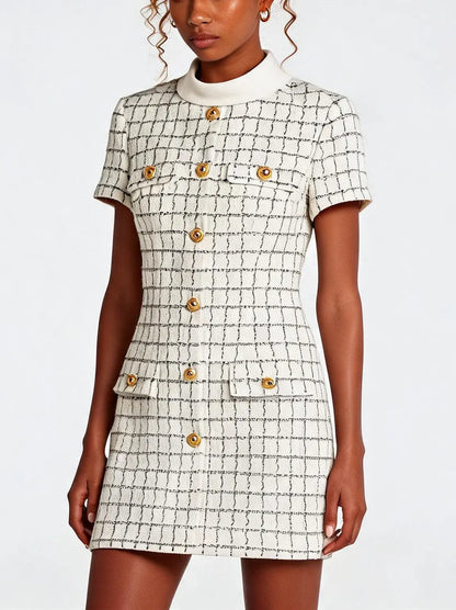 Wool-Blend Embellished-Pocket Tweed Mini Dress - Dresses