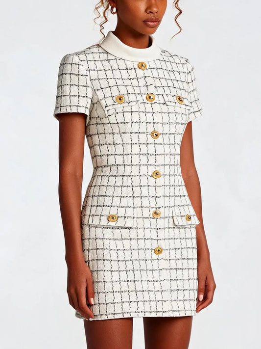 Wool-Blend Embellished-Pocket Tweed Mini Dress - Dresses