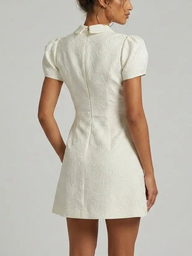 White Jacquard Mini Dress with Cutout Detail - Dresses