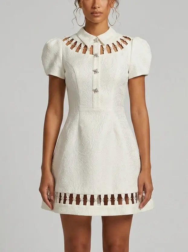 White Jacquard Mini Dress with Cutout Detail - Dresses