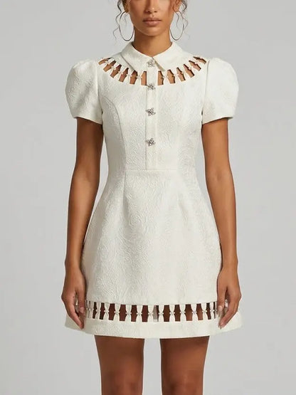 White Jacquard Mini Dress with Cutout Detail - Dresses