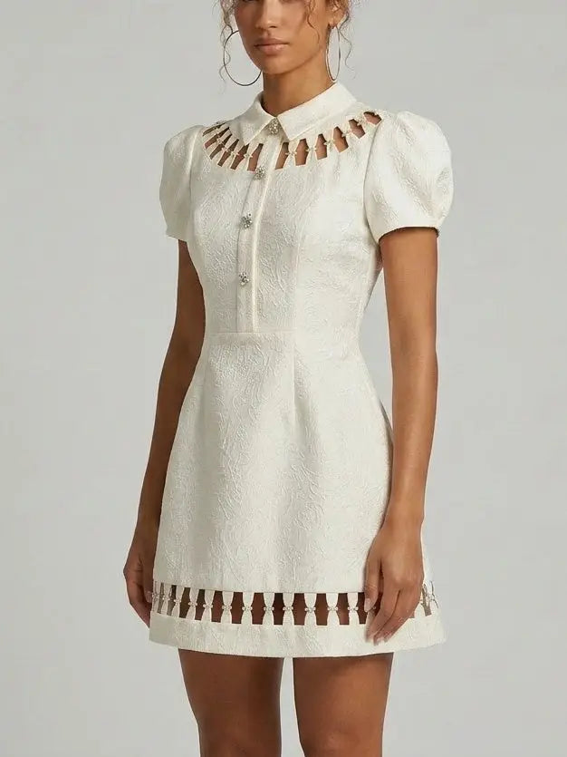 White Jacquard Mini Dress with Cutout Detail - Dresses