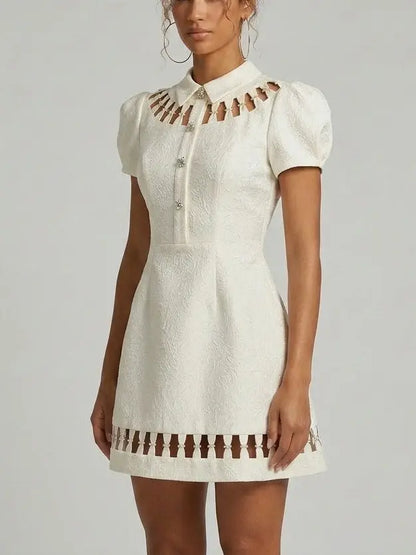 White Jacquard Mini Dress with Cutout Detail - Dresses