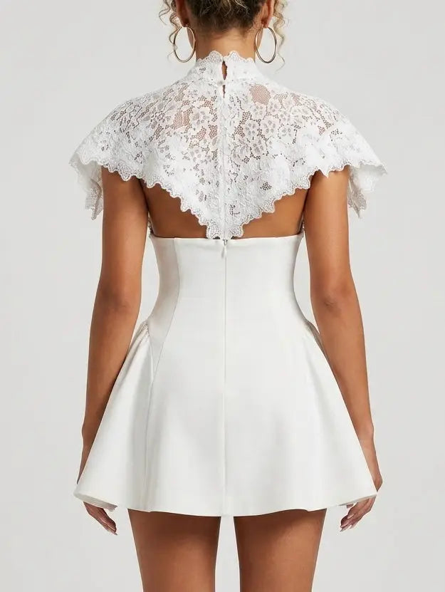 White Lace Cape fit and Flared Mini Dress - Dresses