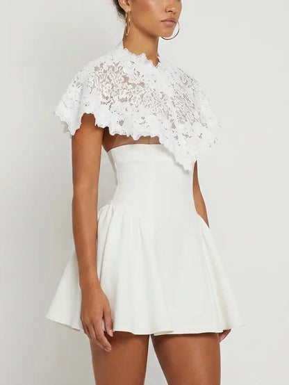 White Lace Cape fit and Flared Mini Dress - Dresses