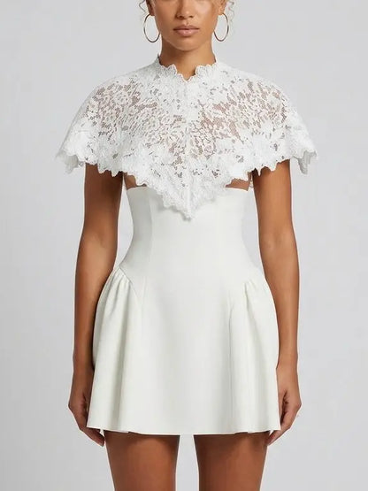 White Lace Cape fit and Flared Mini Dress - Dresses
